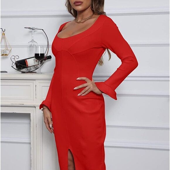 Long Ruffle Sleeve Front Slit Bodycon Party Midi Red Dress NEW Size L - Picture 4 of 9